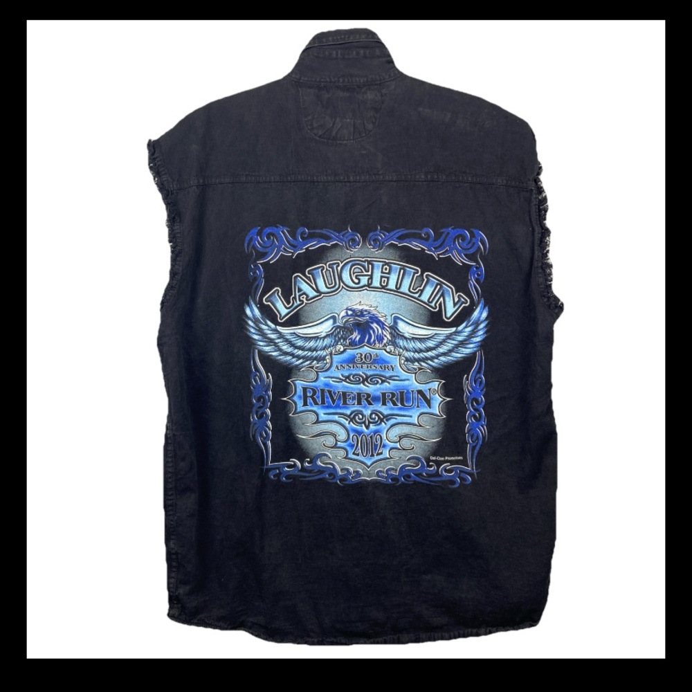 Laughlin River Run Biker Vest Denim Men’s 2XL Eagle Black Jacket Cotton Grunge